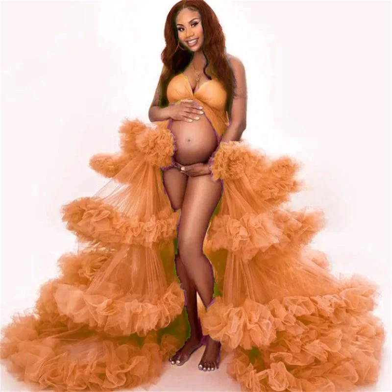 Vestido de maternidad de tul azul con espalda descubierta abullonada - imagen 2