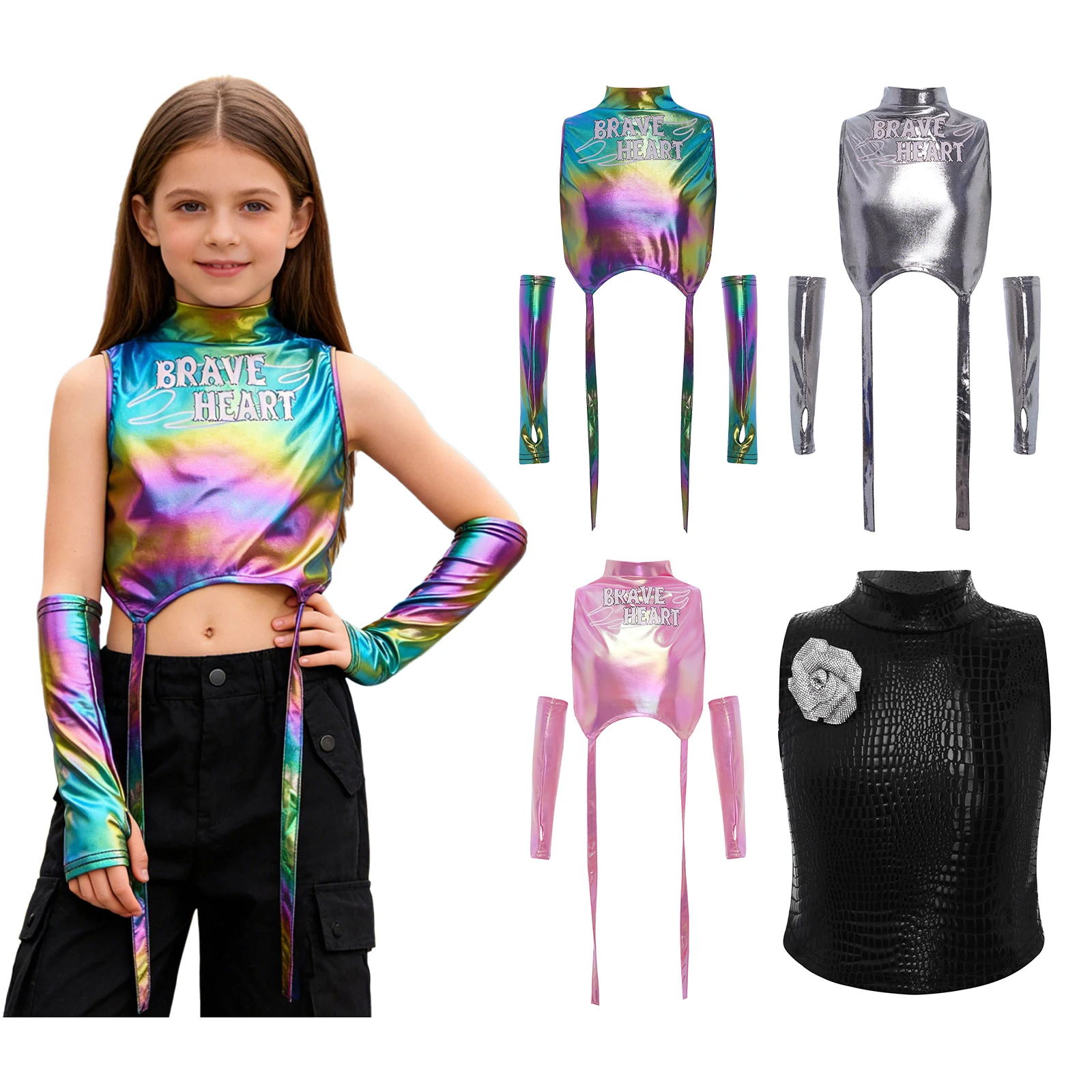 Traje de baile hip-hop y jazz para niñas con top corto y guantes - imagen 2