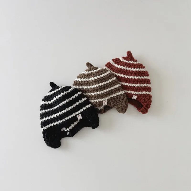 Gorro de invierno con orejeras tejido a rayas cálido para niños - imagen 3