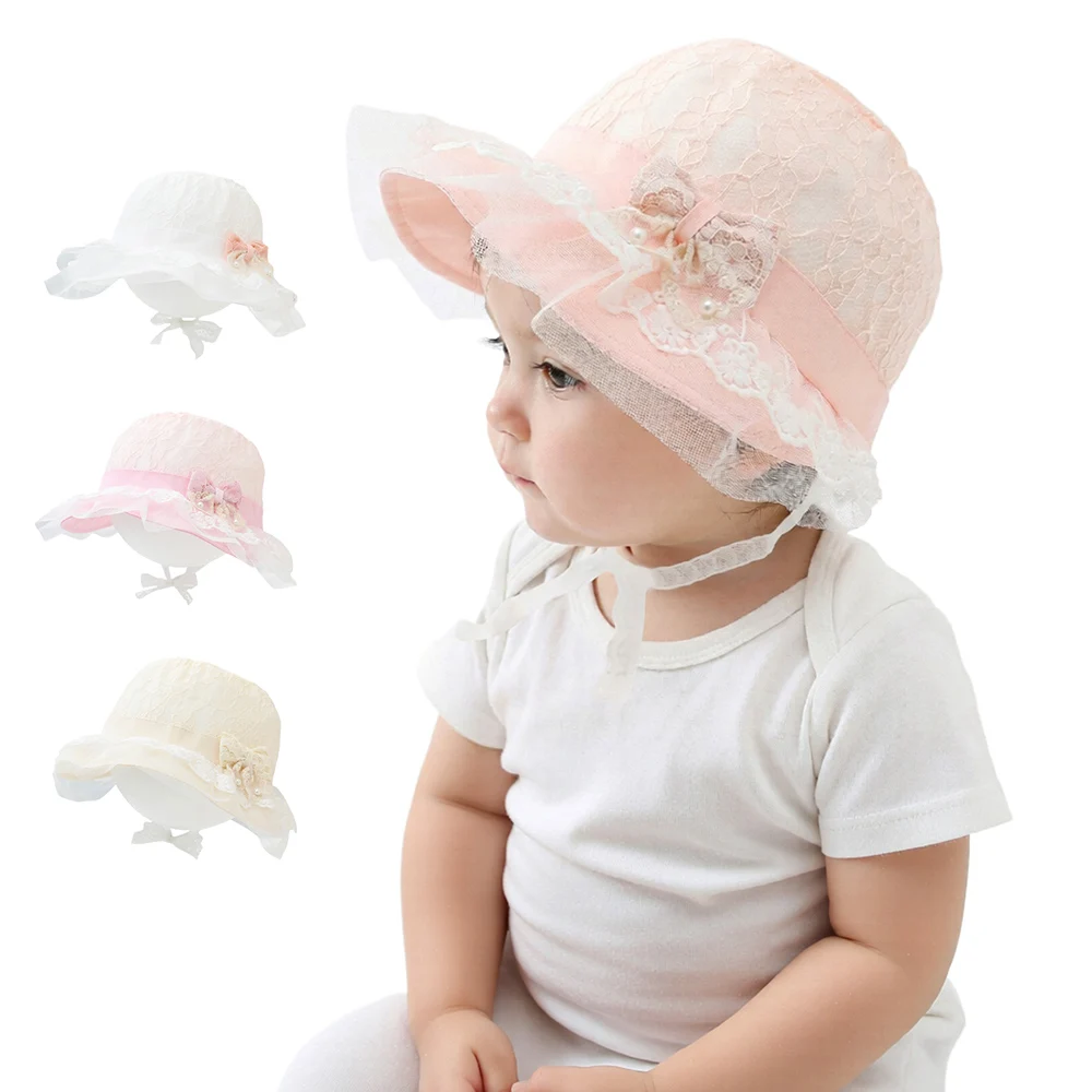 Sombrero de sol bebé con encaje y lazo de perlas para niñas - imagen 2