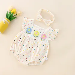 Somenie Pelele de verano para niña con flores bordadas y diadema