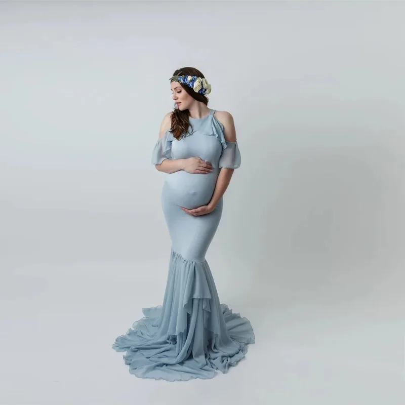 Vestido de maternidad con volantes y hombro descubierto para fotos - imagen 5