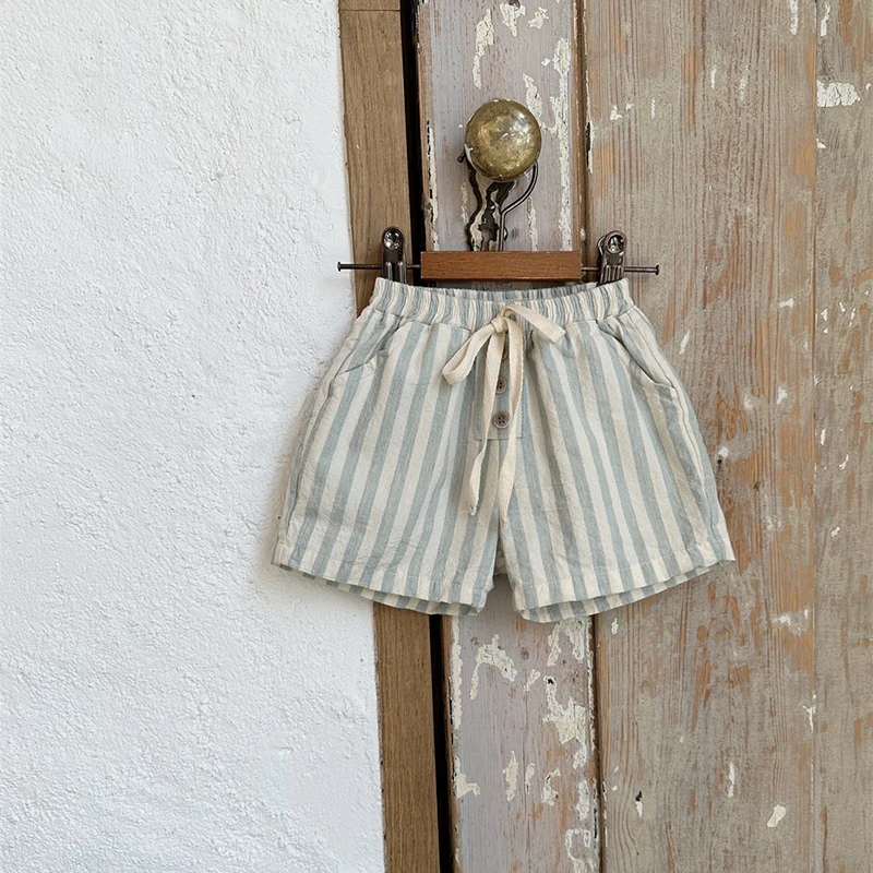 Pantalones cortos rayados de algodón y lino vintage con botones - imagen 3