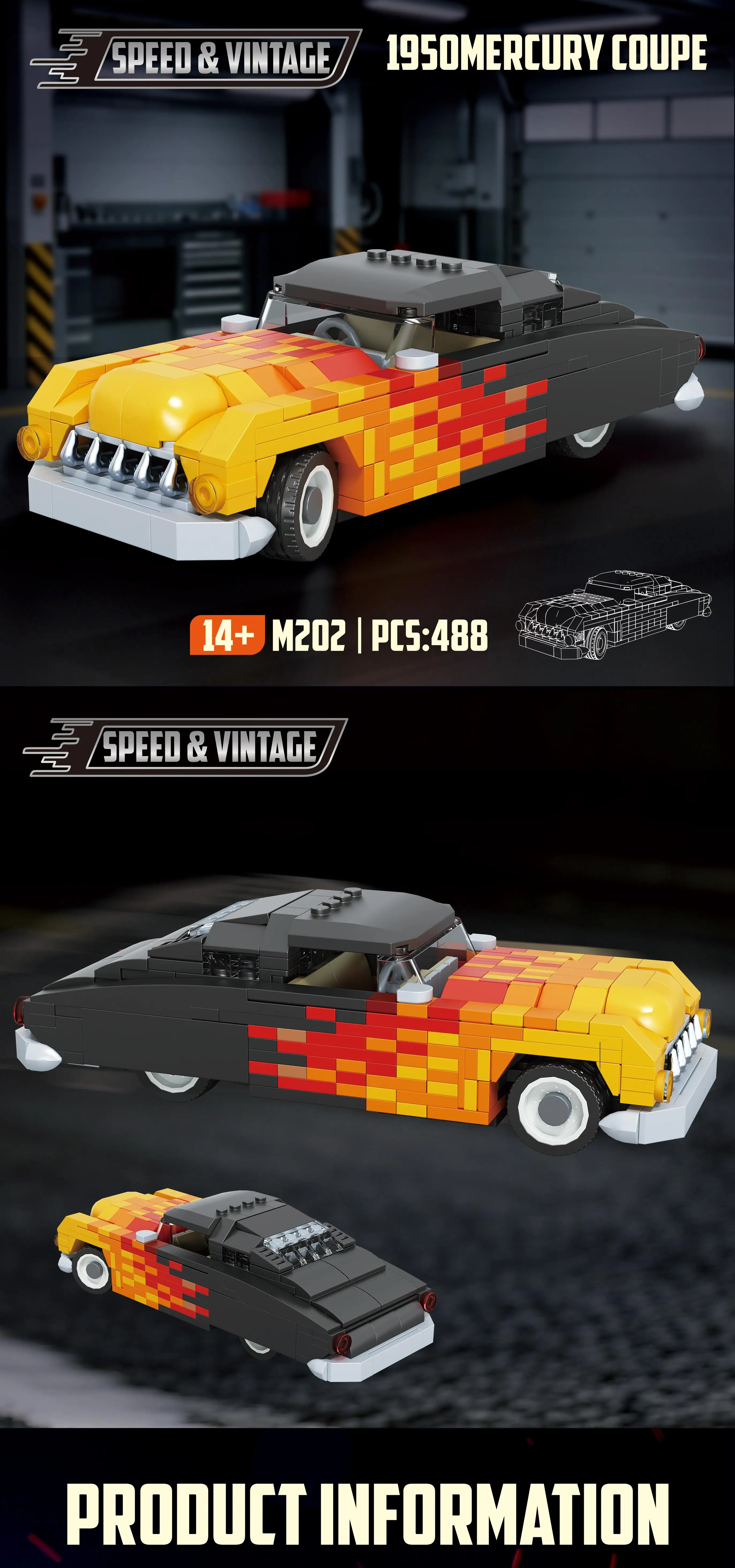 Coche coupé retro de bloques con llamas