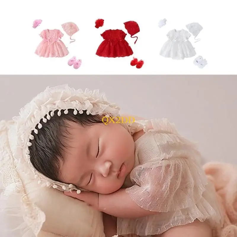 QX2D Conjunto de atrezos para fotos de bebé en encaje con capucha - imagen 5