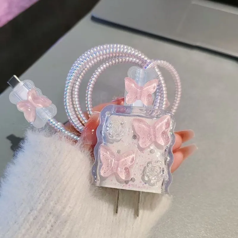 Protector de cable de carga rosa con mariposa de cristal y funda - imagen 4