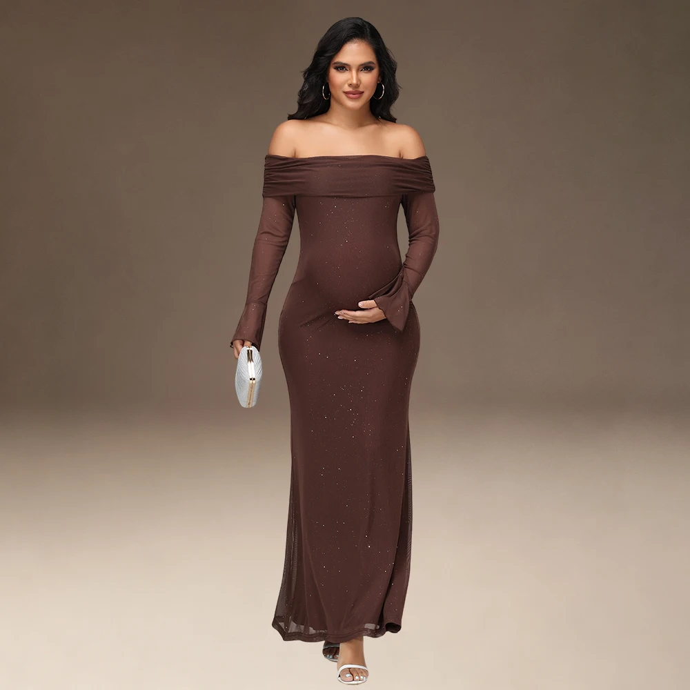 Vestido premamá largo elegante con hombros descubiertos y lentejuelas - imagen 3