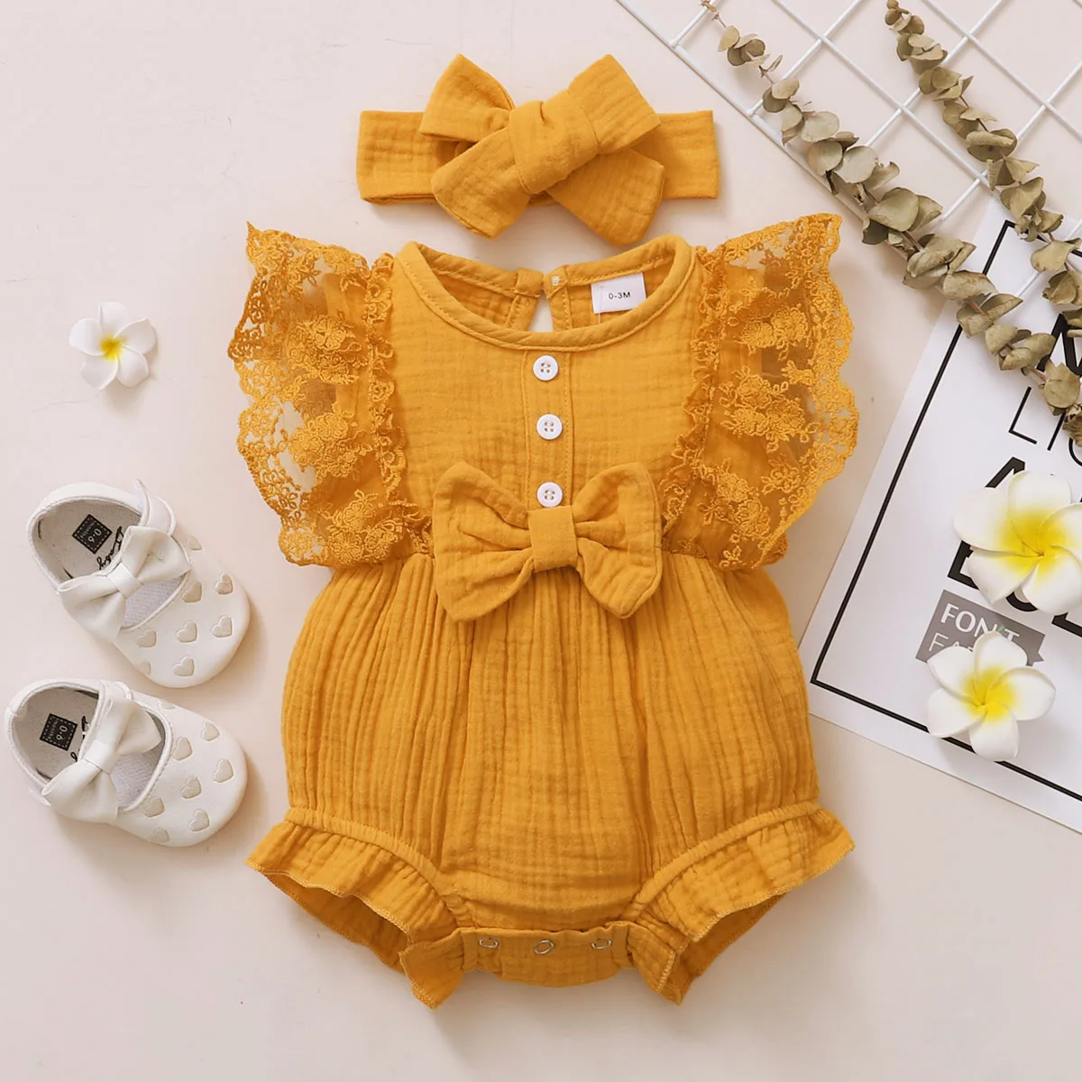 Body verano sin mangas de encaje para niña recién nacida con diadema