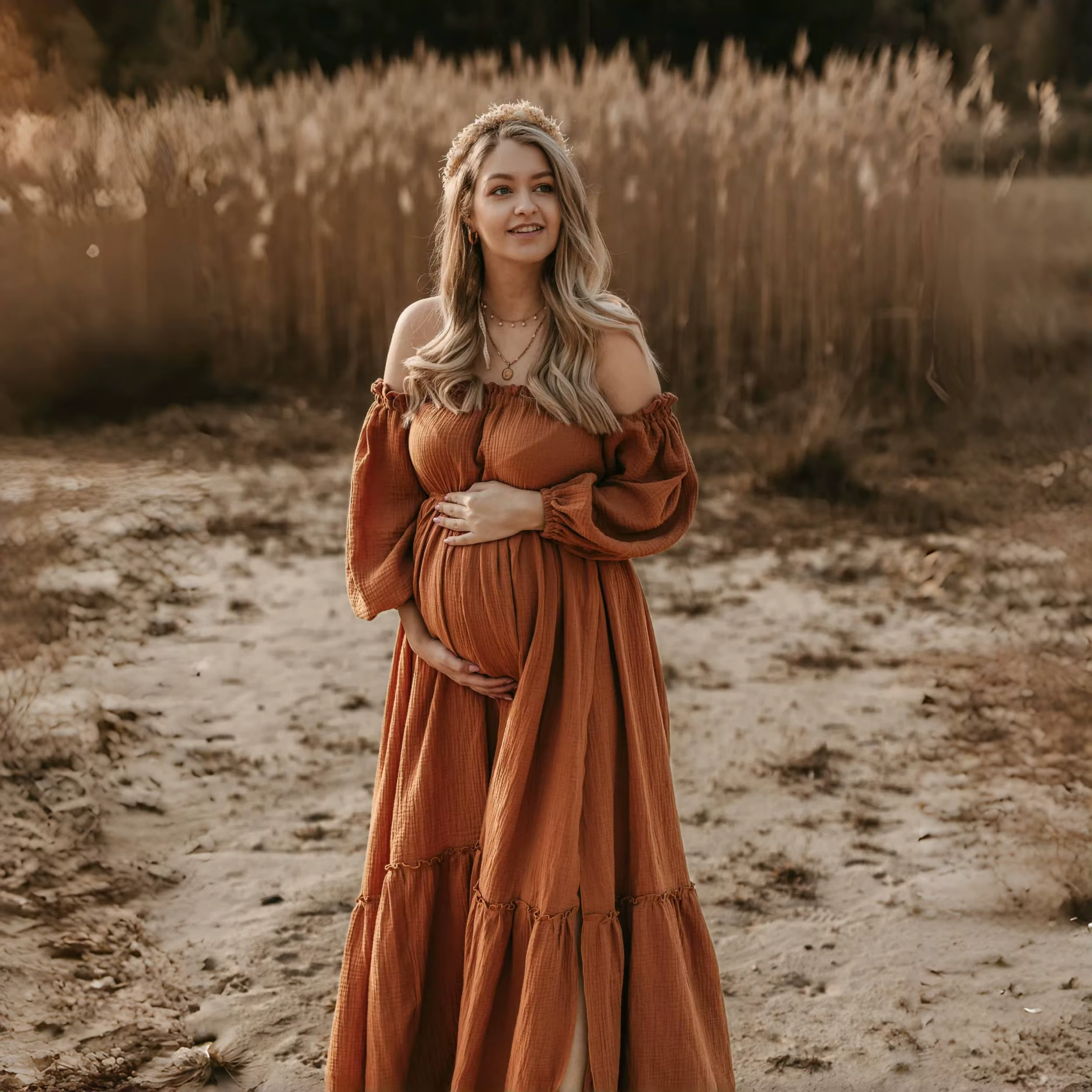 Vestido largo de algodón estilo bohemio con hombros descubiertos y tono oxidado