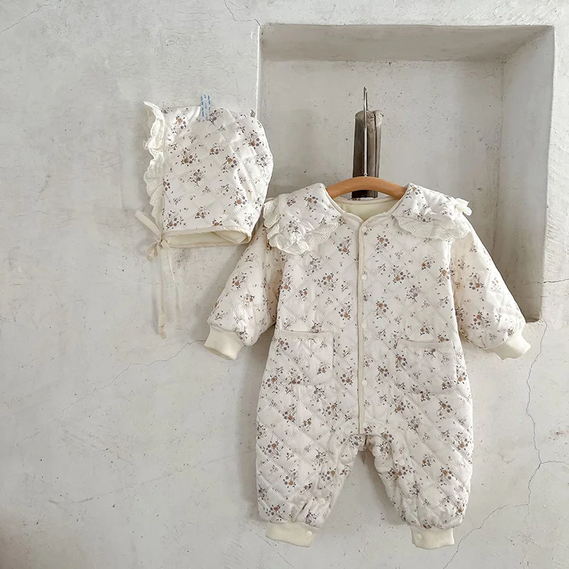 MILANCEL Pelele invierno forrado para bebé niña - floral con sombrero