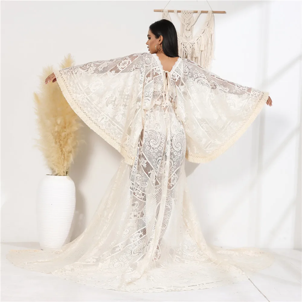 Vestido encaje para fotos de embarazo bohemio con cola larga - imagen 3