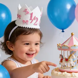 Corona de medio cumpleaños para bebé con lazo rosa y purpurina