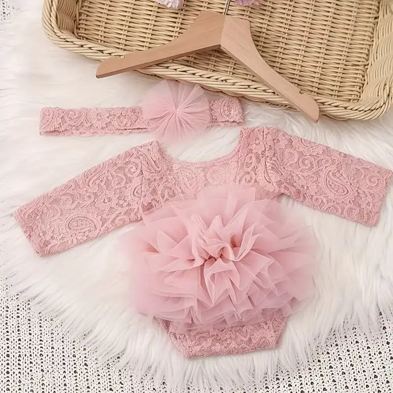 Pelele de encaje con diadema y mangas abullonadas para recién nacido - imagen 3