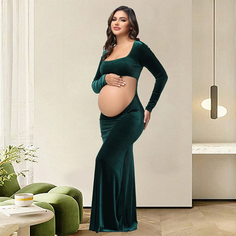 Vestido de terciopelo para fotos de maternidad con cuello cuadrado