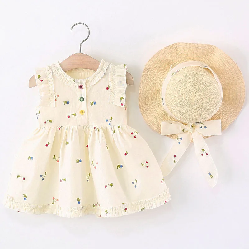 Vestido de princesa sin mangas con flores para niña y sombrero