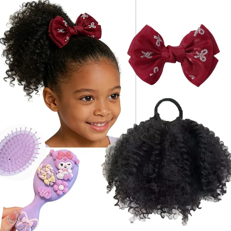 Colas de caballo rizadas afro para niñas con extensiones y clip - imagen 2