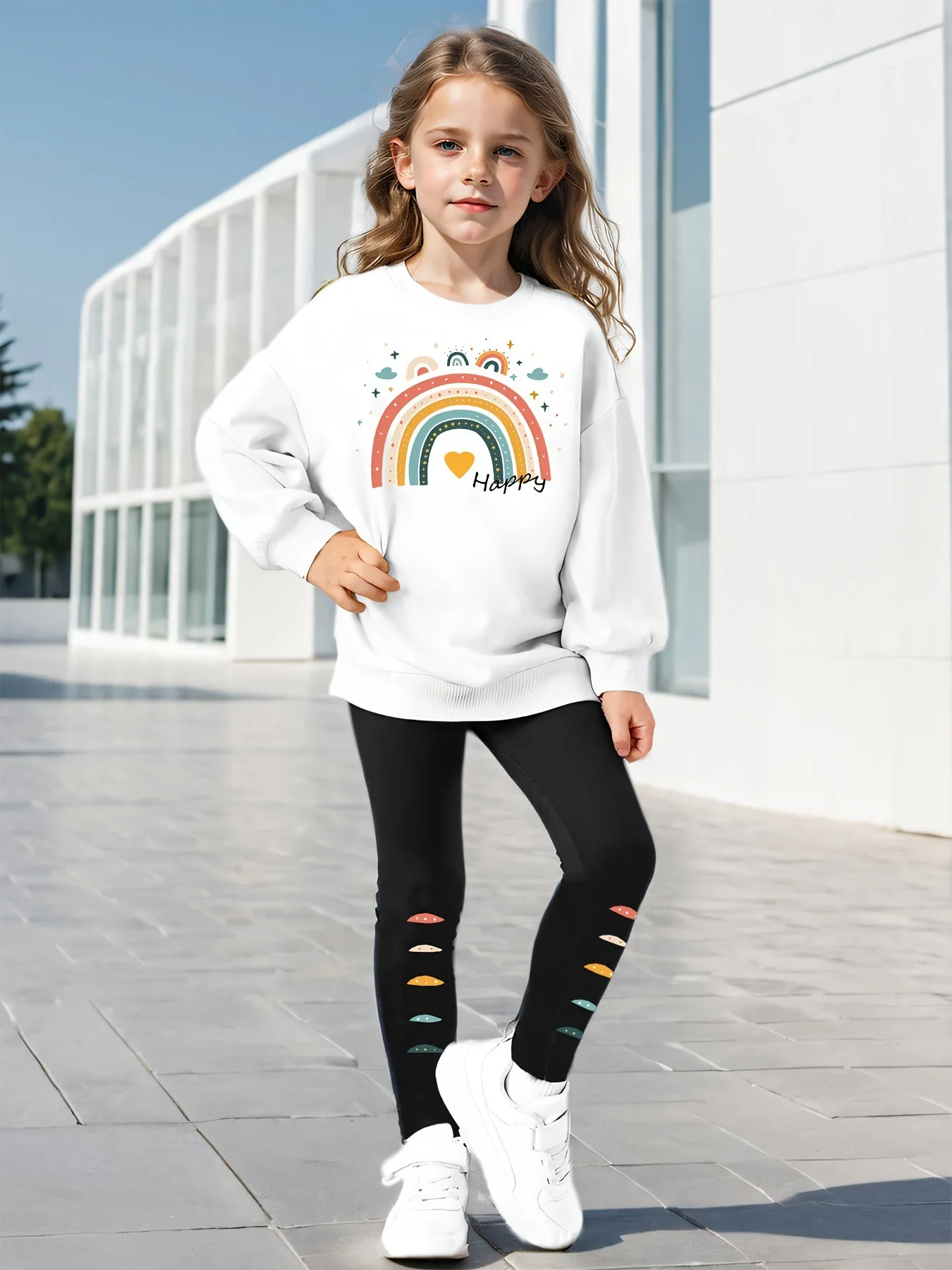 Conjunto deportivo infantil con estampado de arcoíris y pantalones ajustados