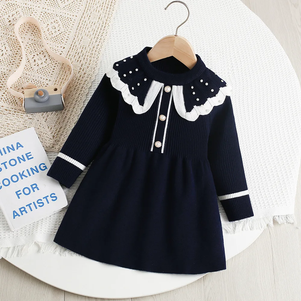 Vestido de punto para niña estilo princesa con perlas para otoño - imagen 2