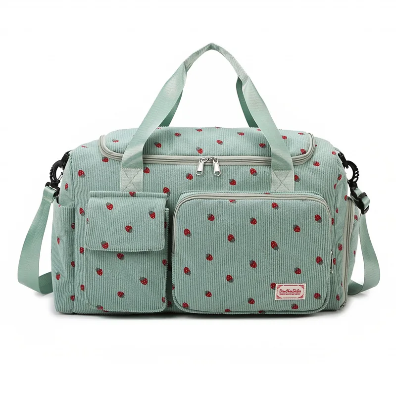 Bolsa de maternidad con fresas en pana, gran capacidad para pañales