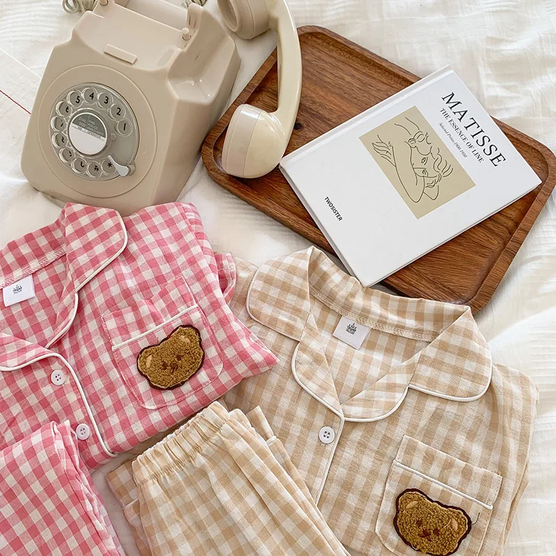 Pijamas infantiles de algodón suave a cuadros con oso - imagen 3