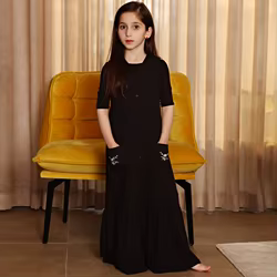 Vestido maxi acanalado negro para niñas - Sin mangas y bordado floral