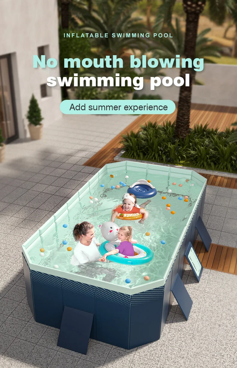Piscina azul no inflable en uso