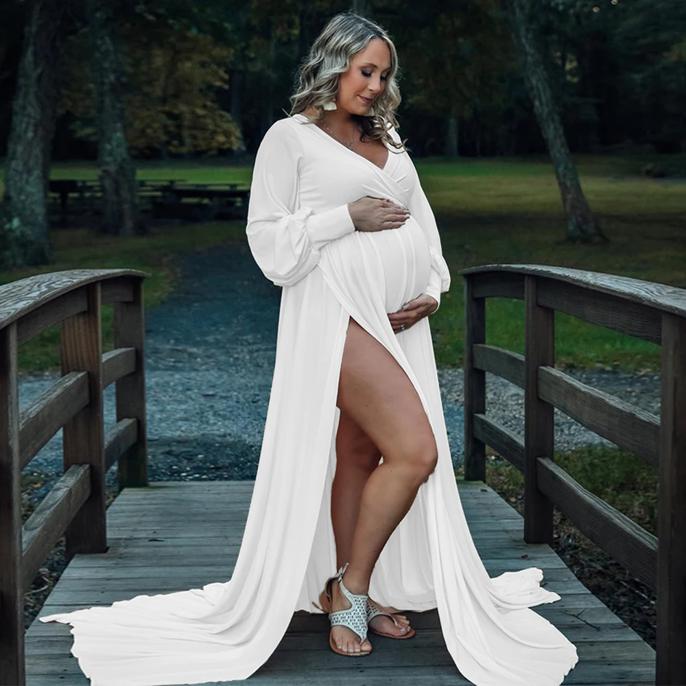 Maxi vestido de maternidad para sesión fotográfica con escote en V - imagen 3