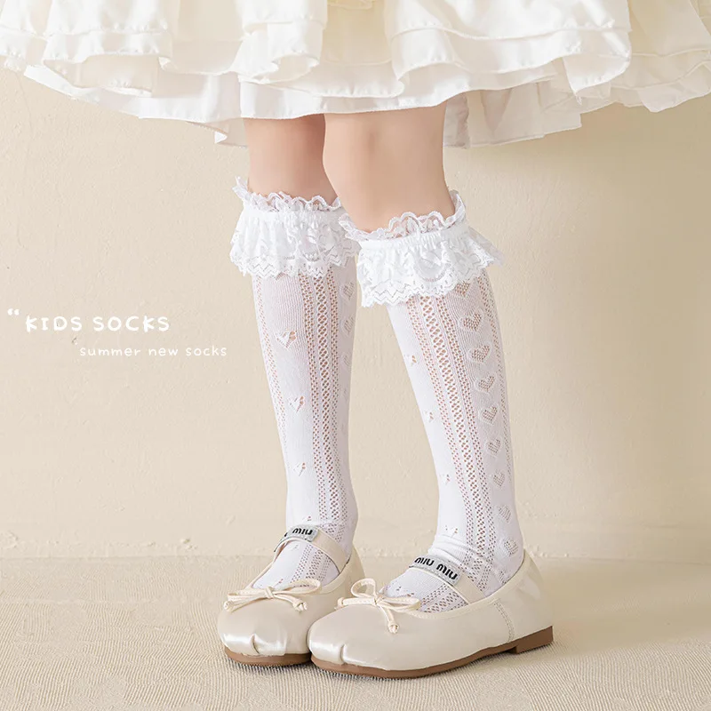Medias hasta la rodilla con corazón hueco y encaje para niños y niñas