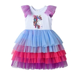 DXTON Vestido unicornio veraniego con capa de malla para niños