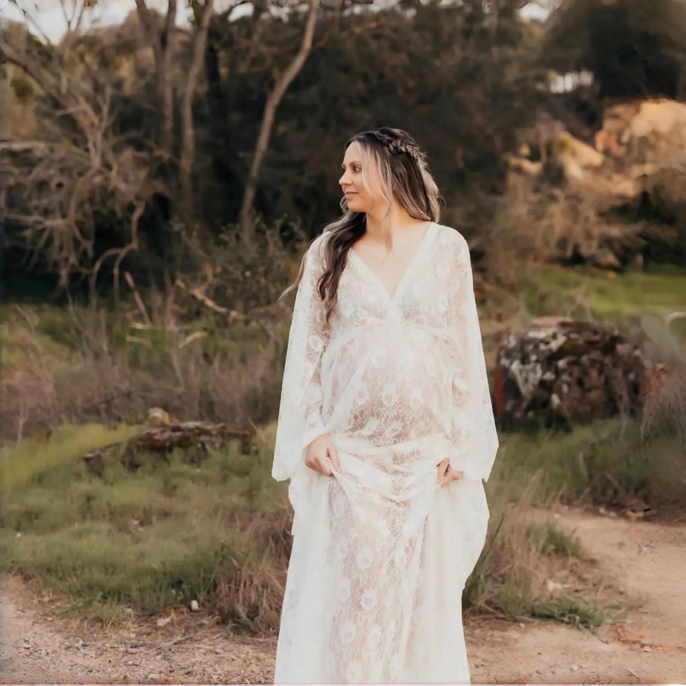 Vestido premamá largo de encaje blanco bohemio para fotos - imagen 2