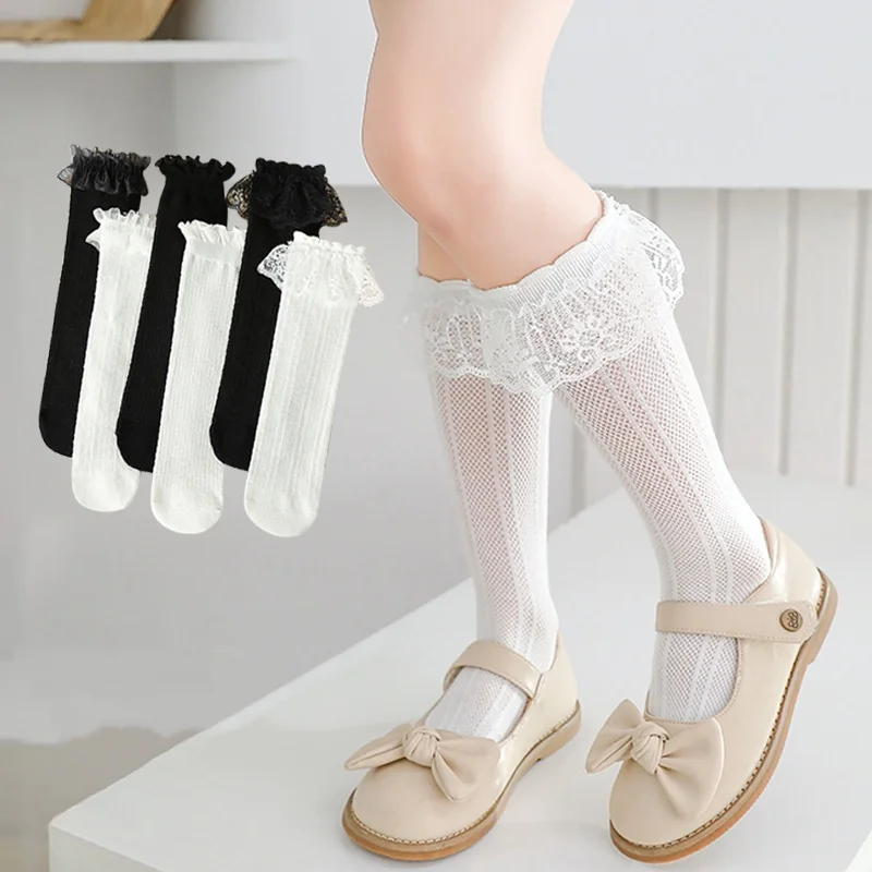 Calcetines altos de encaje niña blanco y negro, malla transpirable - imagen 4