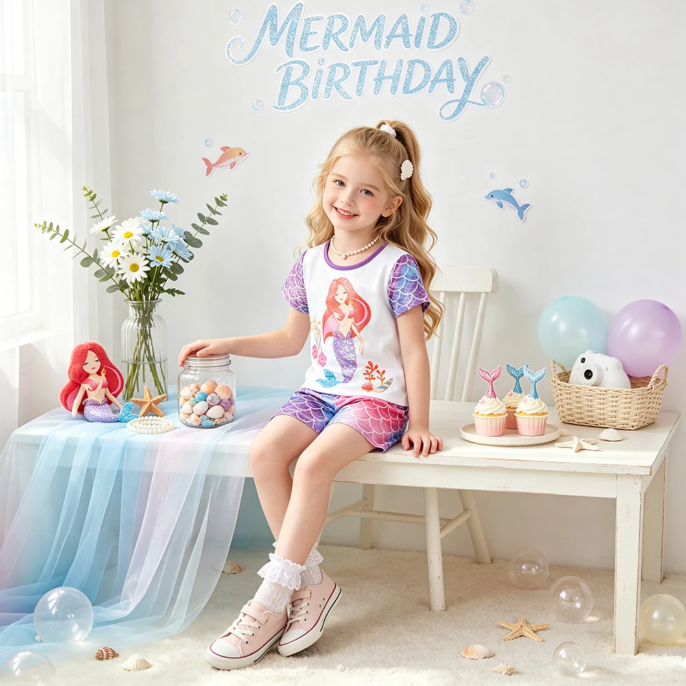 DXTON Conjunto de verano bebé: camiseta sirena y pantalón corto - imagen 3