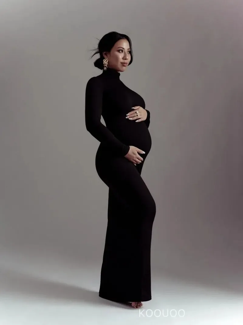 Vestido largo elástico con cuello vuelto estilo lápiz