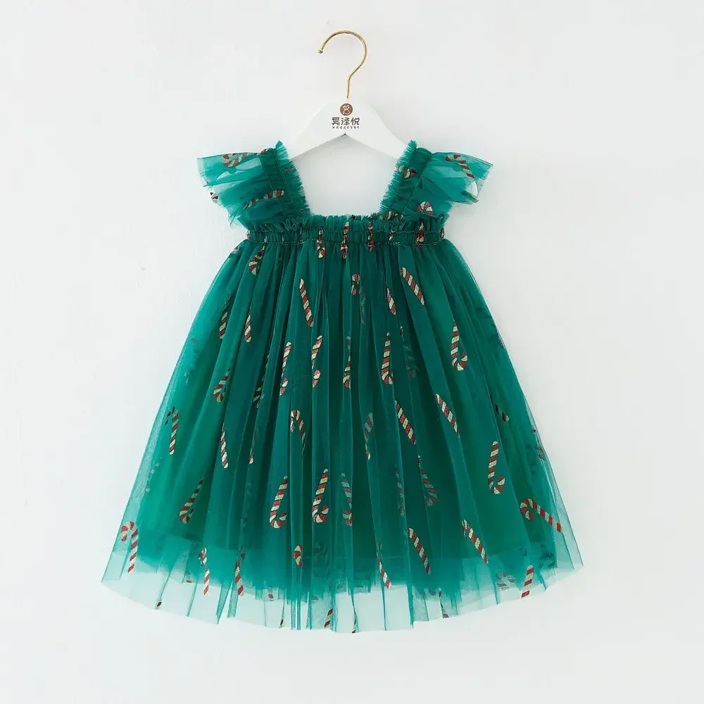 Vestido navideño de tirantes para niñas con tul y estrella dorada