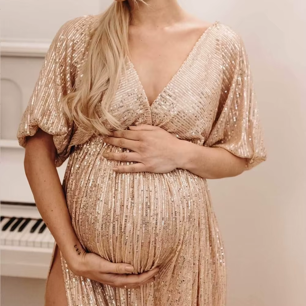 Vestido de maternidad elegante con lentejuelas y cuello V vintage