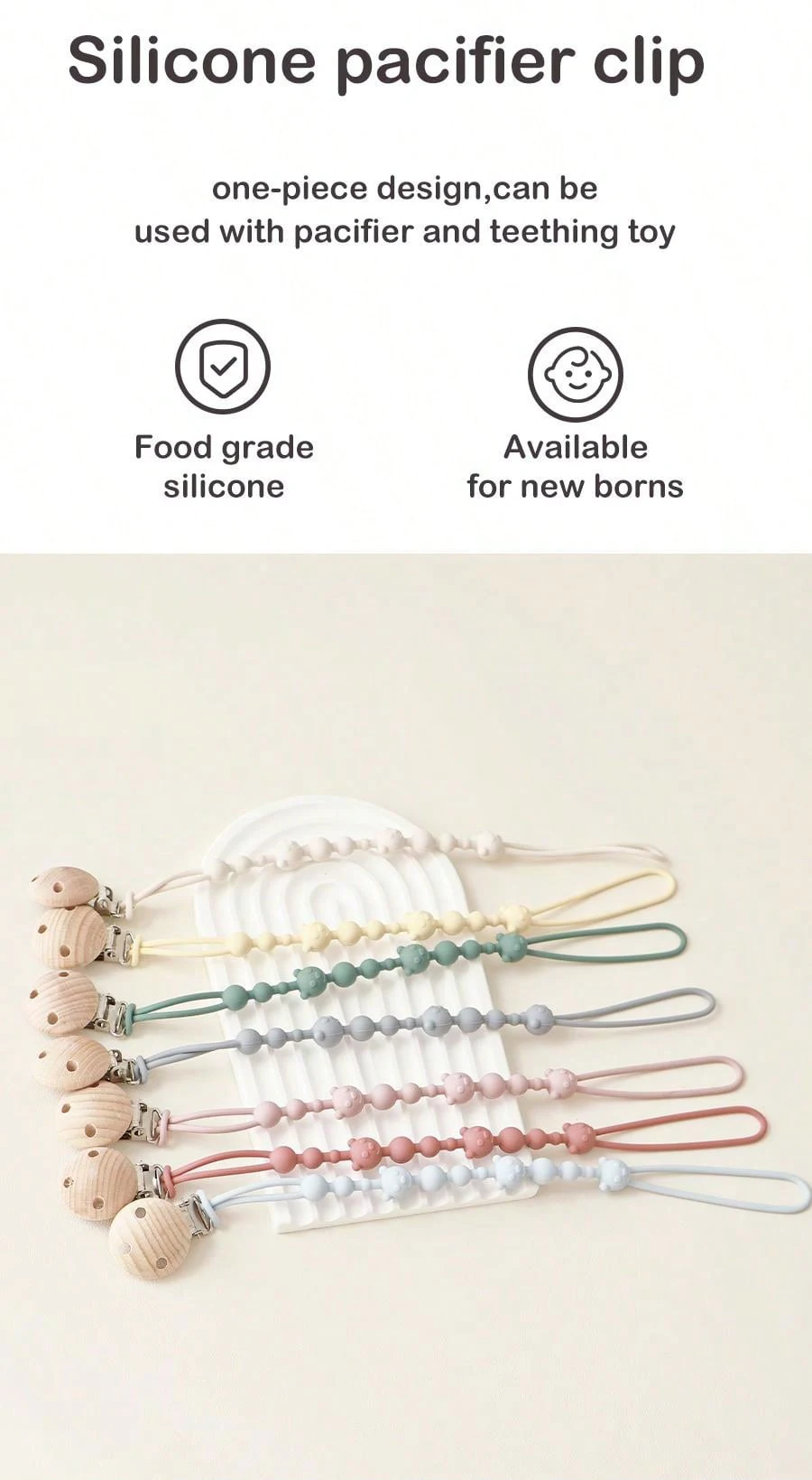 Clips para chupete de silicona y madera
