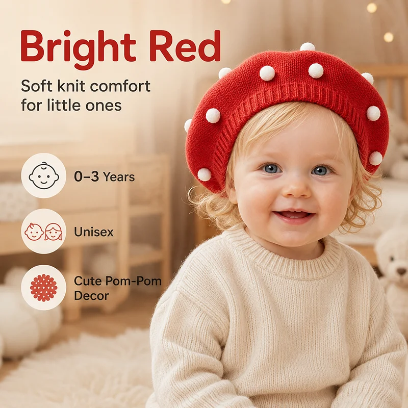 Gorro de punto para bebé unisex con pompón suave, estilo pintor - imagen 3