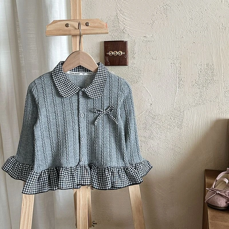 Sudadera con volante para bebé y niña de cuello de cuadros cálido - imagen 3