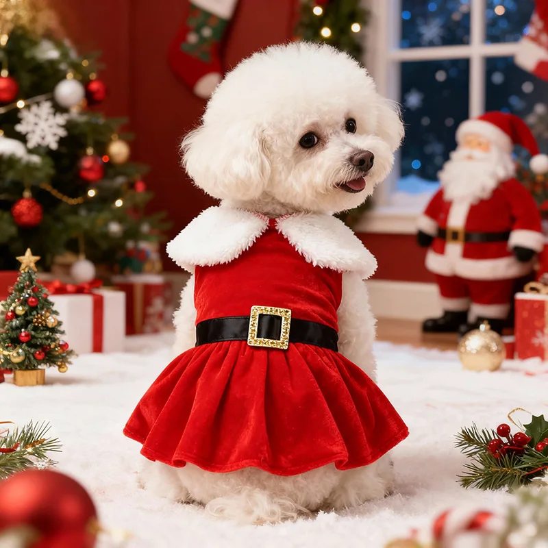 Vestido de Navidad de terciopelo dorado con falda y lazo verde