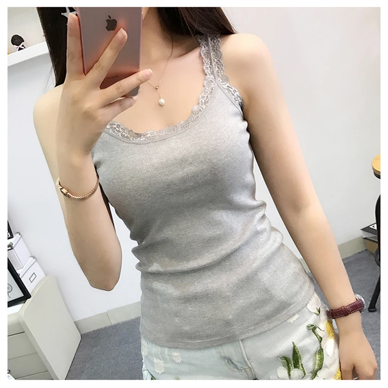 Camisola de algodón sin mangas con encaje y cuello en U ajustada - imagen 2