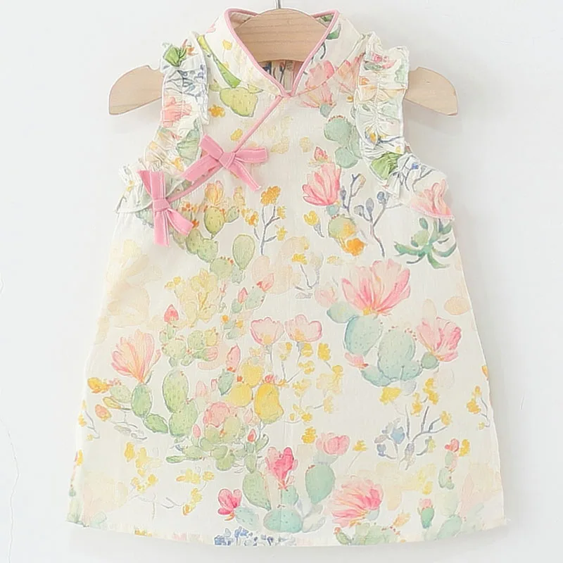 Vestido de verano niña de algodón sin mangas con flores y lazo