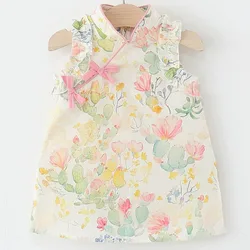 Vestido de verano niña de algodón sin mangas con flores y lazo