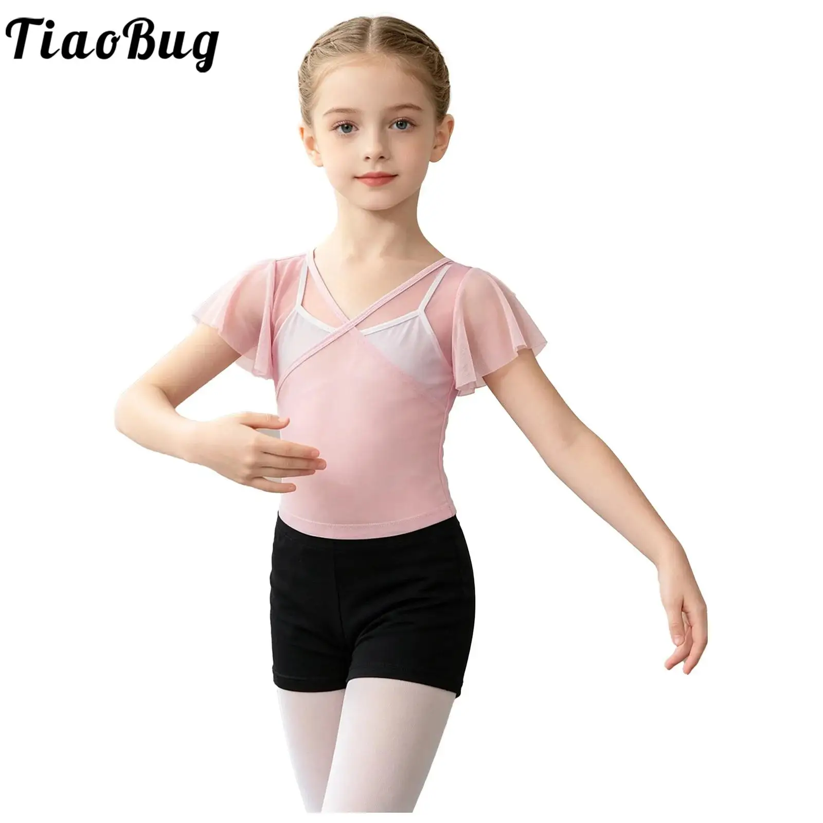 Camiseta de ballet niña manga corta cuello V, malla transpirable - imagen 4