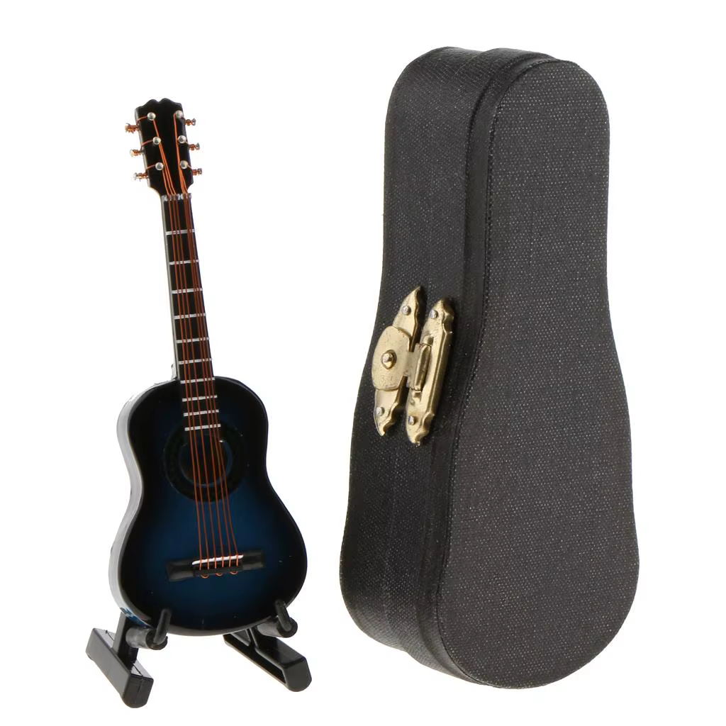 Guitarra miniatura de madera azul oscuro para casa de muñecas