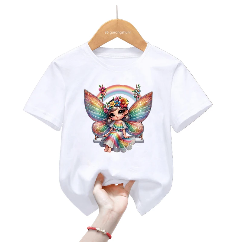 Camiseta de verano niña estampado mariposa arcoíris kawaii - imagen 3