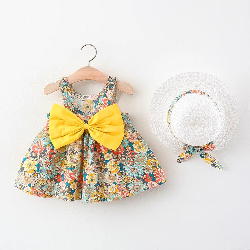 Vestido de princesa sin mangas con lazo y sombrero para bebé