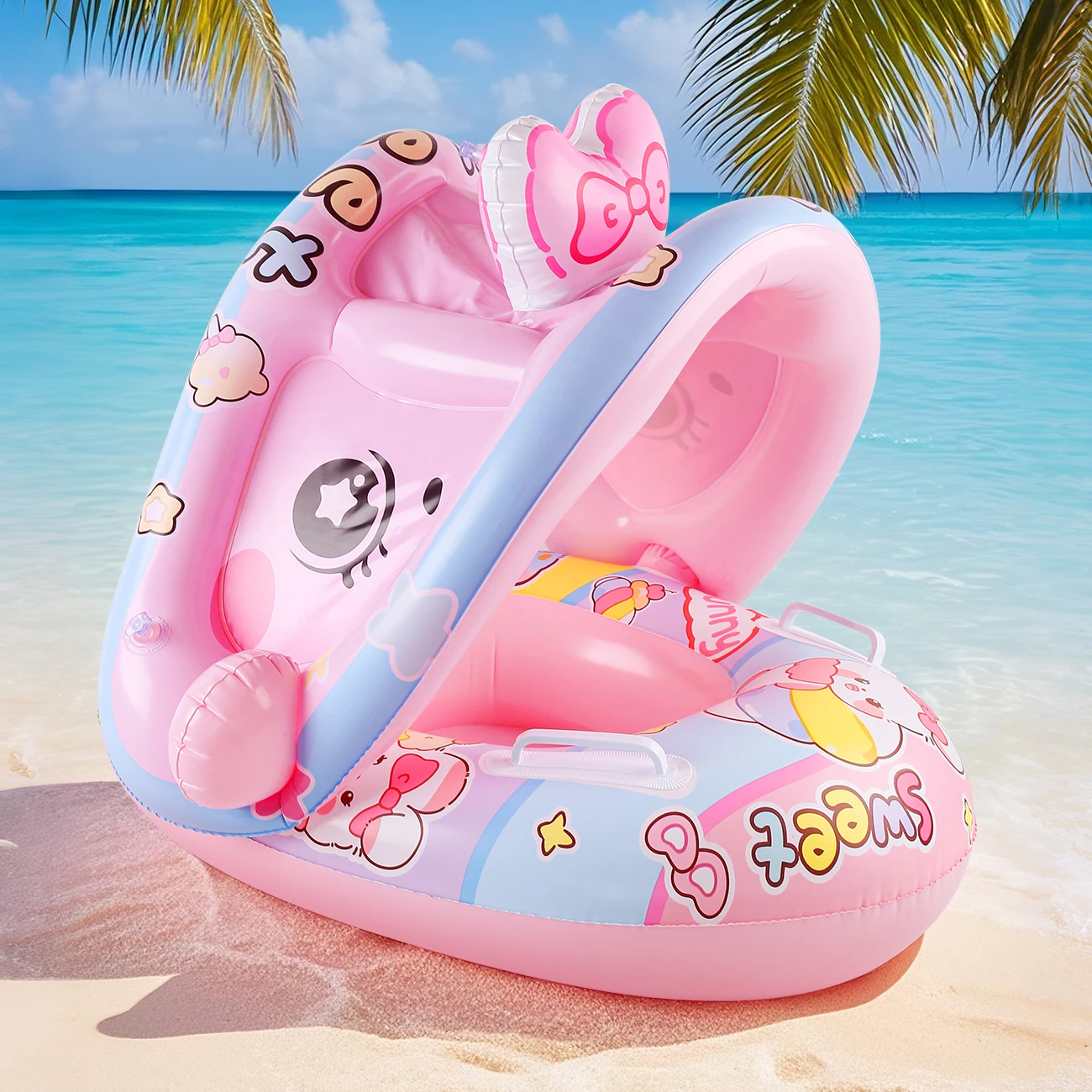 Tumbona inflable con sombrilla y conejito rosa para verano infantil - imagen 4