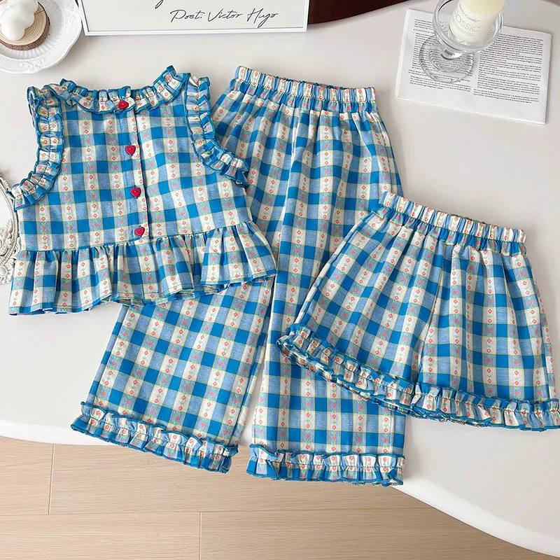 Conjunto verano infantil a cuadros – Tops y shorts azules
