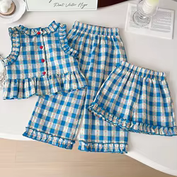Conjunto verano infantil a cuadros – Tops y shorts azules