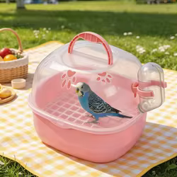 Transportín de viaje transparente para pájaros con botella de agua